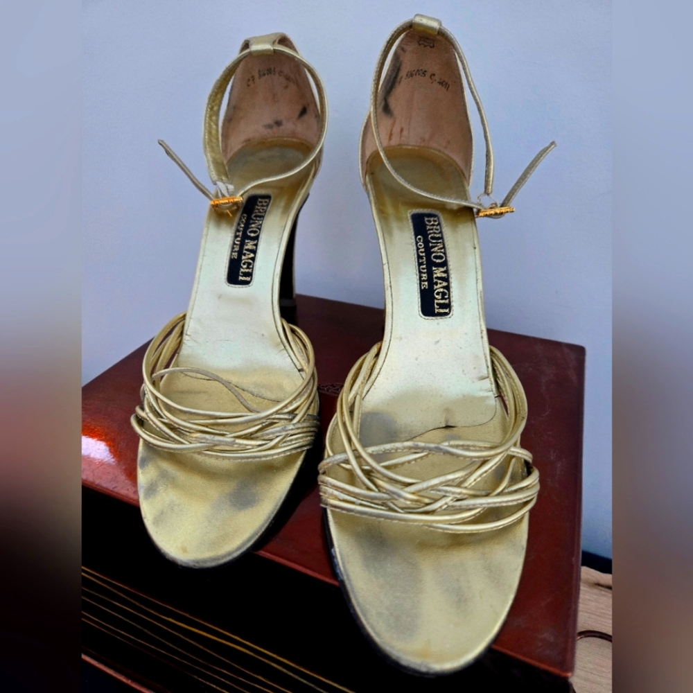 Bruno Magli Couture gold heels with rhinestone strap buckle